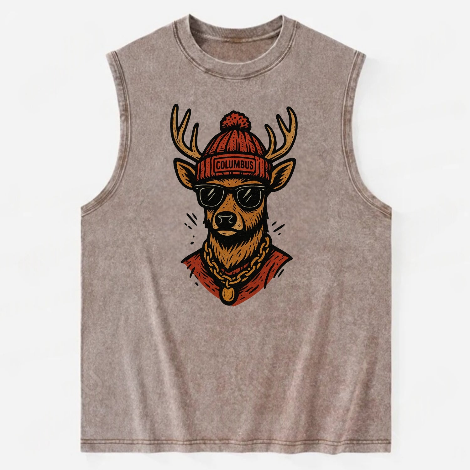 Columbus White-tailed Deer wearing Columbus beanie with pom pom and wayfarer - Vintage Washed Tank - Brown