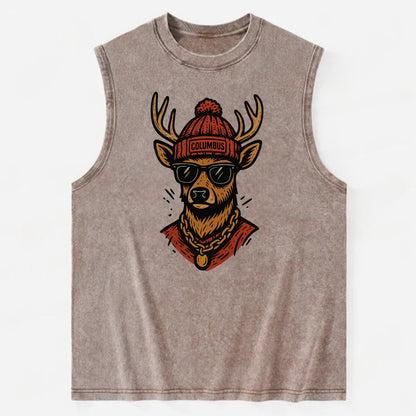 Columbus White-tailed Deer wearing Columbus beanie with pom pom and wayfarer - Vintage Washed Tank - Brown