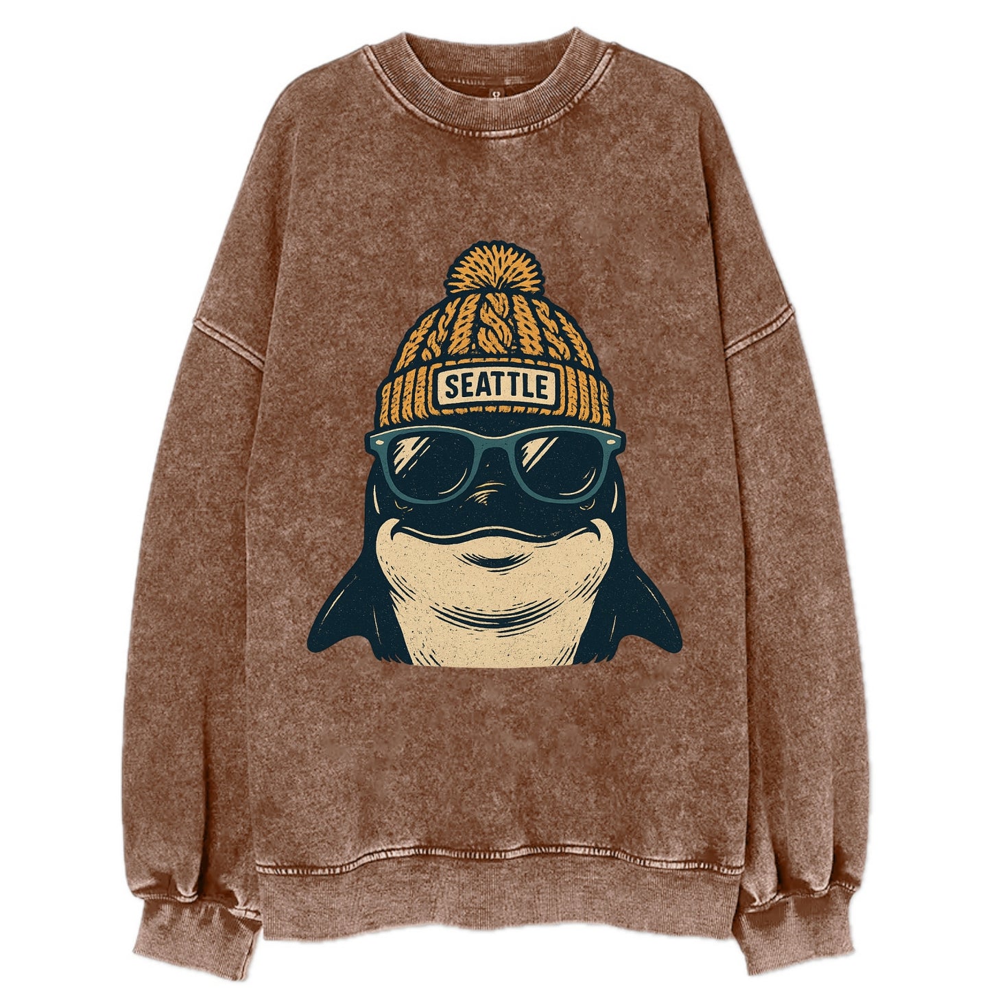 Seattle Orca wearing Seattle beanie with pom pom and wayfarer sunglasses - Vintage Sweatshirt - Brown