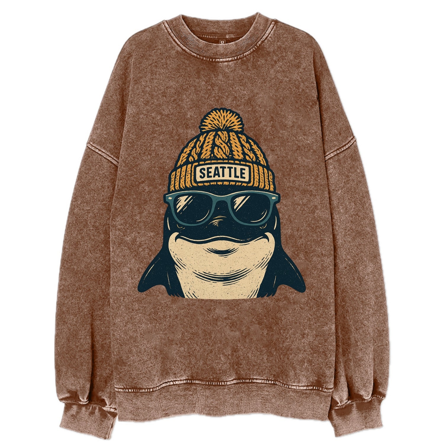Seattle Orca wearing Seattle beanie with pom pom and wayfarer sunglasses - Vintage Sweatshirt - Brown