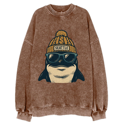 Seattle Orca wearing Seattle beanie with pom pom and wayfarer sunglasses - Vintage Sweatshirt - Brown