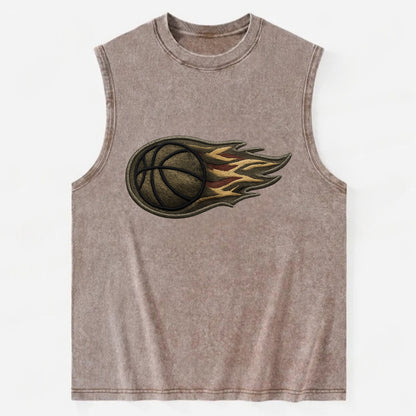 BASKETBALL FLAMING BALL - basketball with flames in orange and red , dynamic - Vintage Washed Tank - Brown