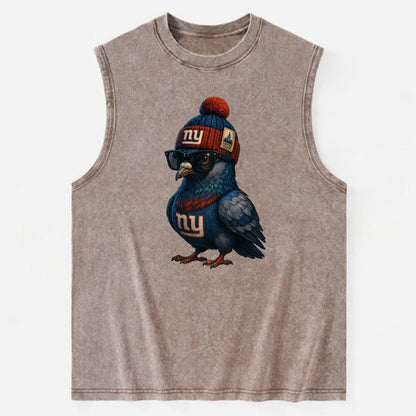 Manhattan Pigeon wearing Giants beanie with Empire State patch and wayfarer - Vintage Washed Tank - Brown