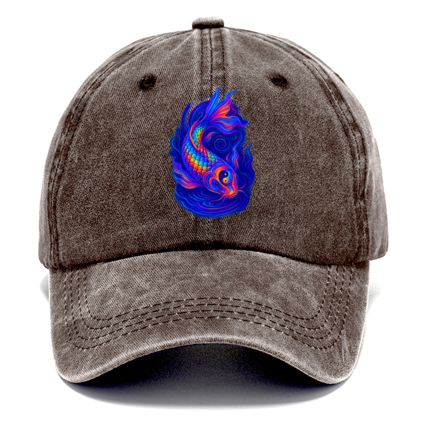 Sacred koi with scales reflecting rainbow prisms, yin-yang patterns in cosmic colors, - Classic Cap - Brown