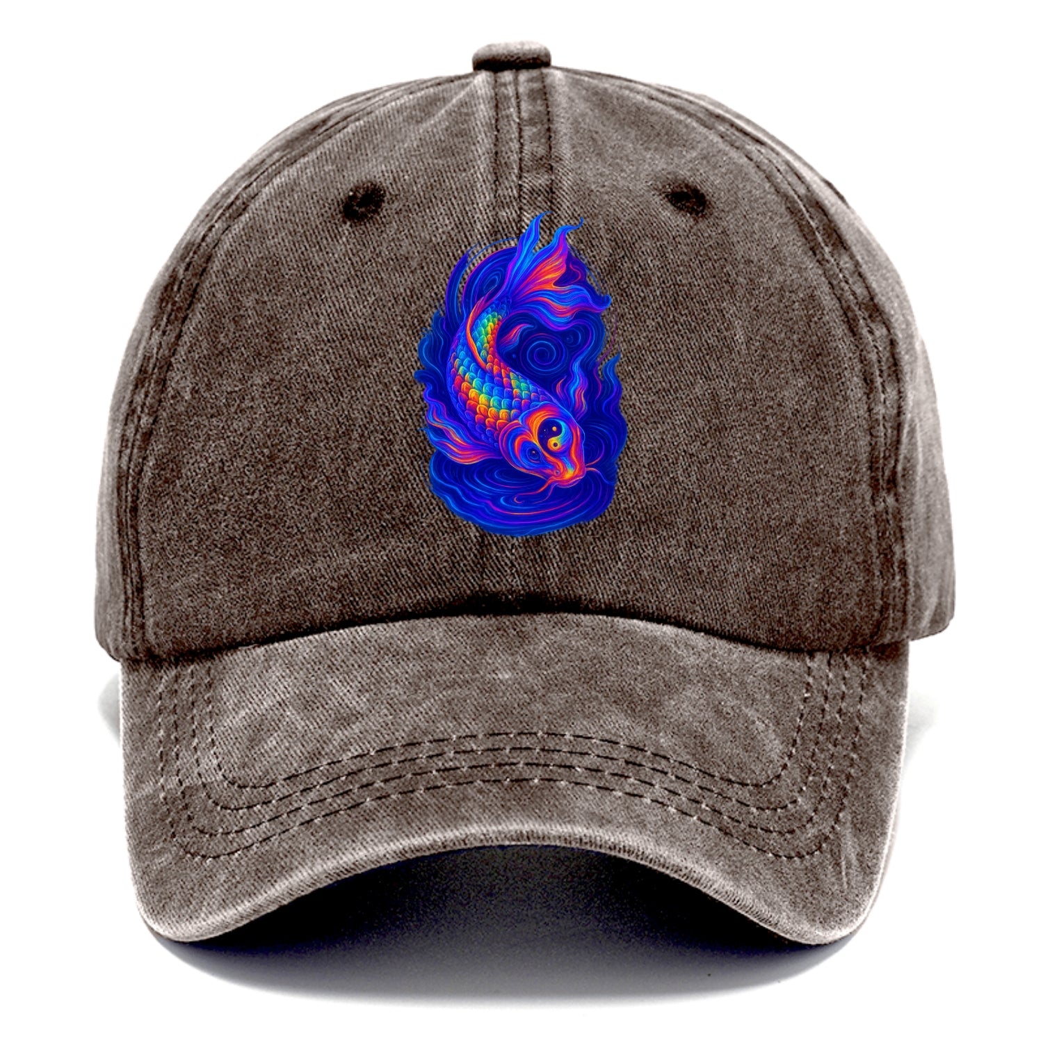 Sacred koi with scales reflecting rainbow prisms, yin-yang patterns in cosmic colors, - Classic Cap - Brown