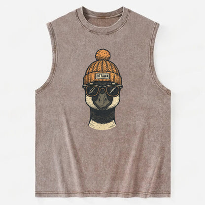 Ottawa Canadian Goose wearing Ottawa beanie with pom pom and wayfarer - Vintage Washed Tank - Brown