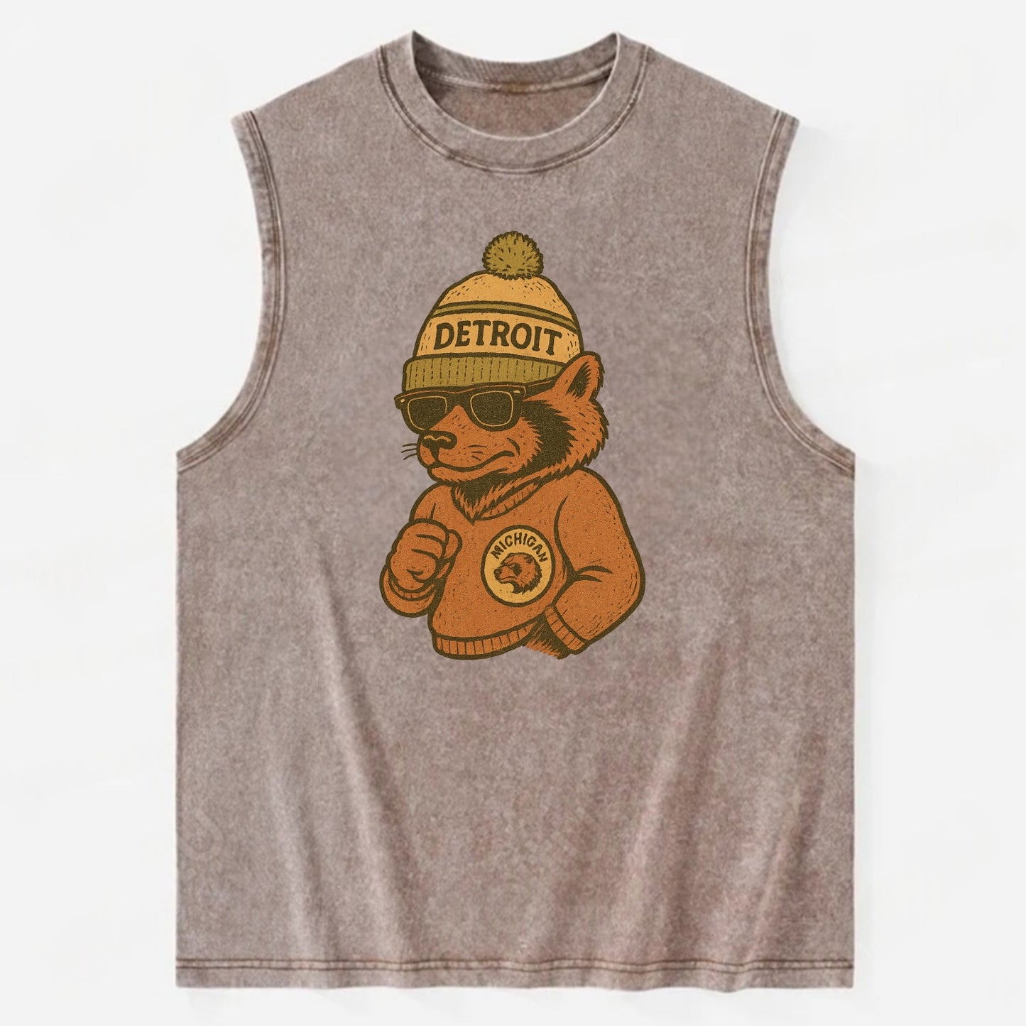 Michigan Wolverine wearing Detroit beanie with pom pom and wayfarer sunglasses - Vintage Washed Tank - Brown