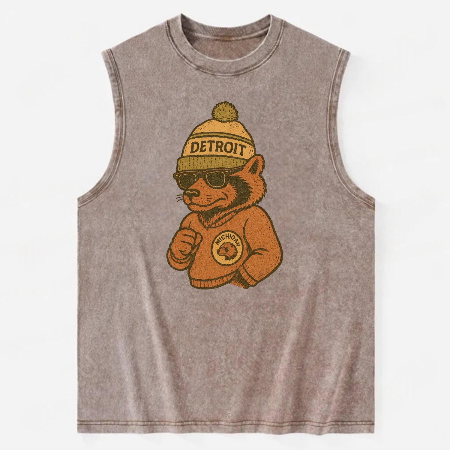 Michigan Wolverine wearing Detroit beanie with pom pom and wayfarer sunglasses - Vintage Washed Tank - Brown