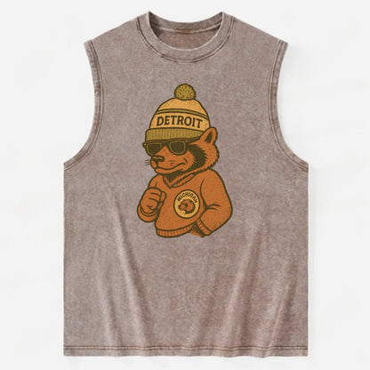 Michigan Wolverine wearing Detroit beanie with pom pom and wayfarer sunglasses - Vintage Washed Tank - Brown