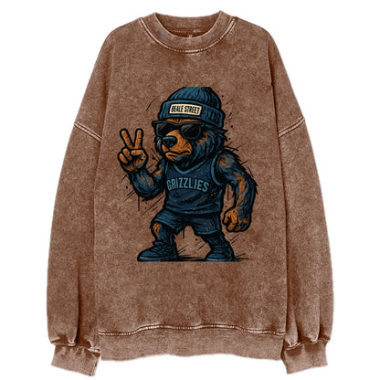 Memphis Grizzly Bear wearing Grizzlies navy and light blue beanie with Beale - Vintage Sweatshirt - Brown