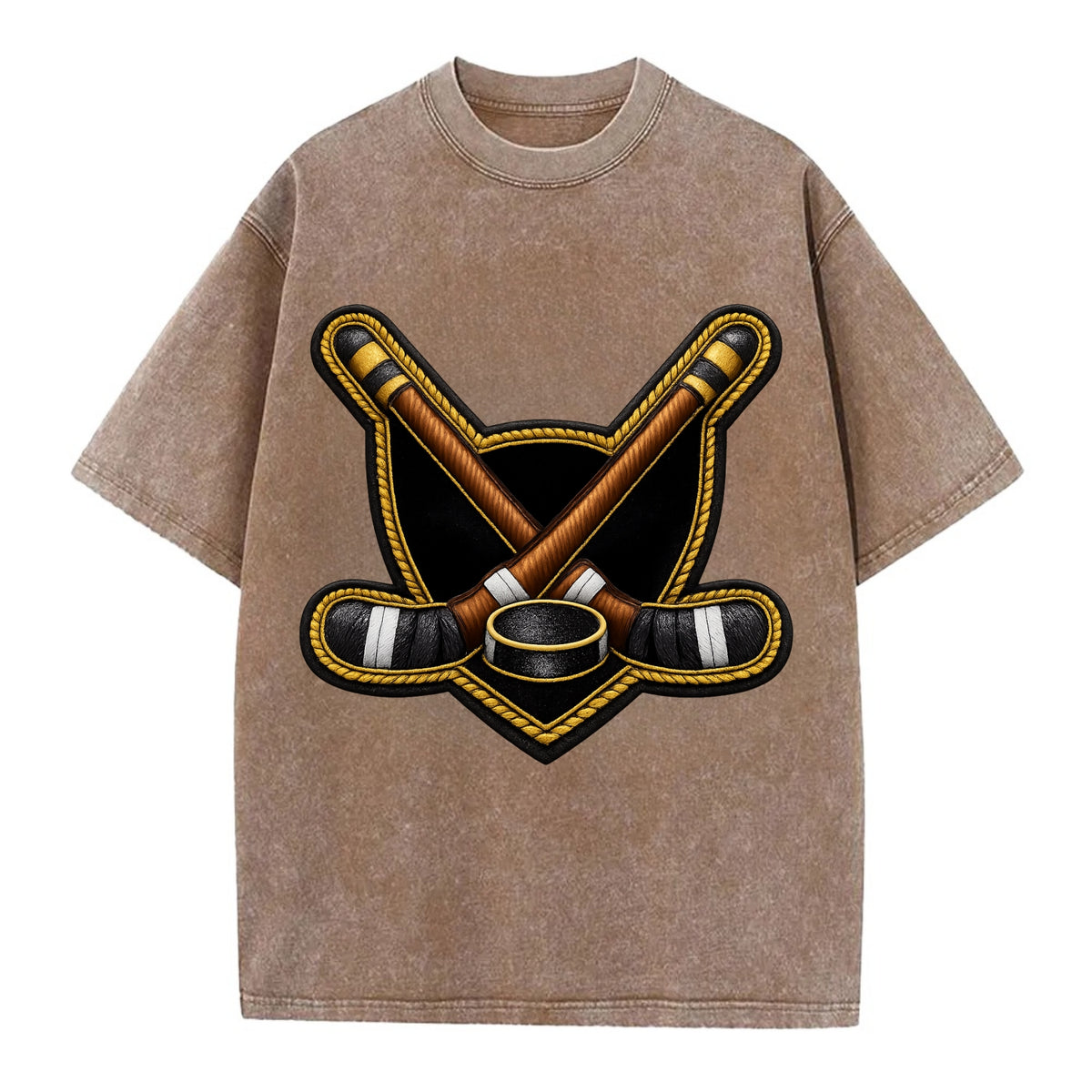 Embroidered patch design - HOCKEY CROSSED STICKS - ice hockey sticks with puck in - Vintage T-shirt - Brown