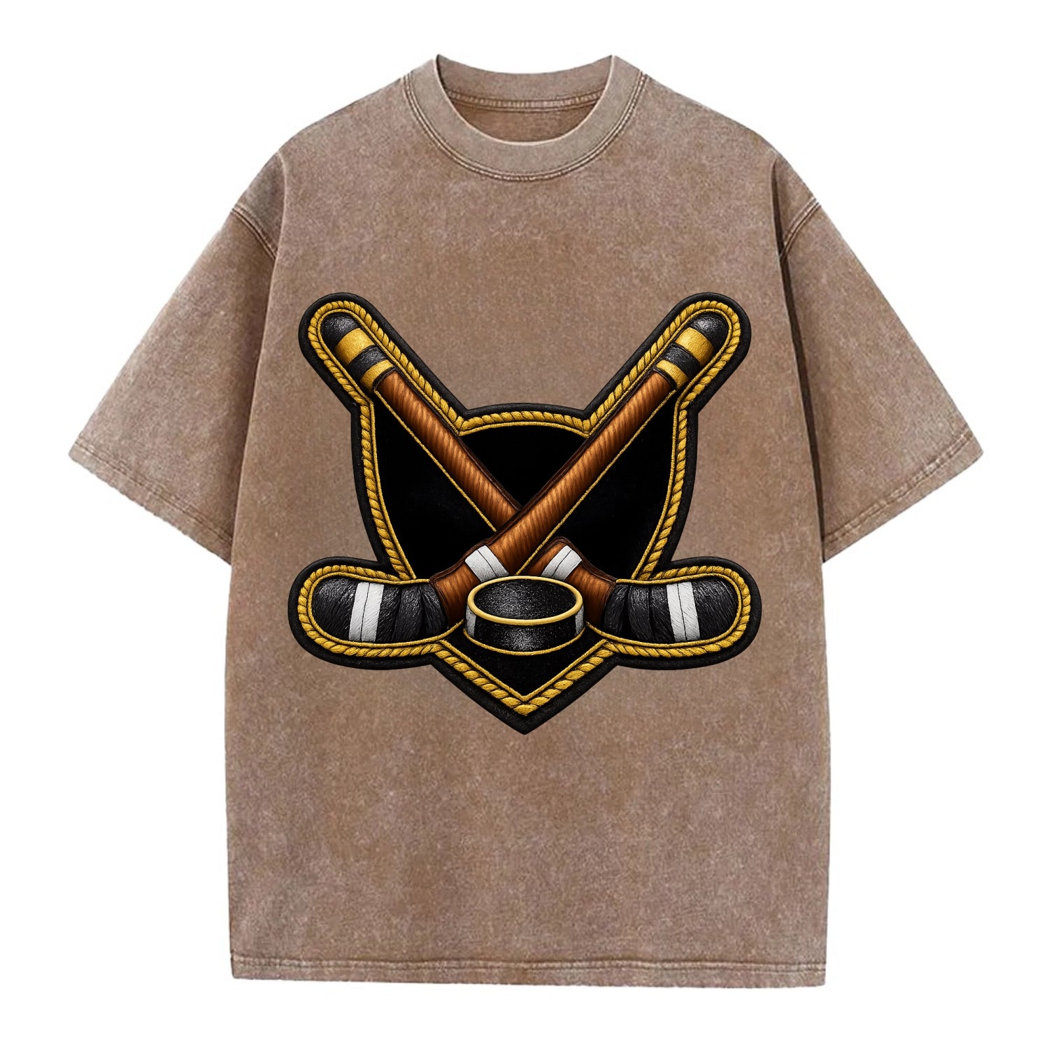 Embroidered patch design - HOCKEY CROSSED STICKS - ice hockey sticks with puck in - Vintage T-shirt - Brown