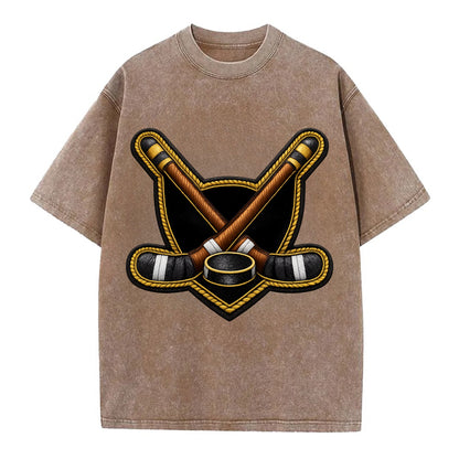 Embroidered patch design - HOCKEY CROSSED STICKS - ice hockey sticks with puck in - Vintage T-shirt - Brown