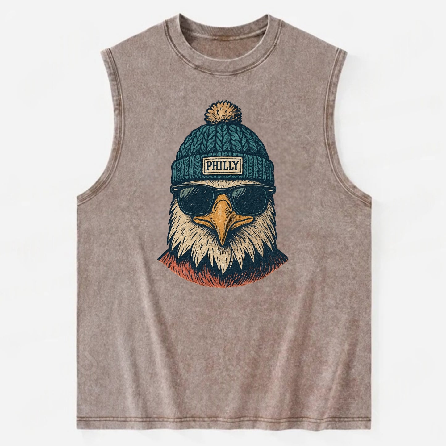 Philadelphia Eagle wearing Philly beanie with pom pom and wayfarer sunglasses - Vintage Washed Tank - Brown