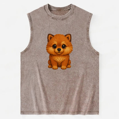 Baby Pomeranian Puppy - fluffy orange ball, fox face, tiny body, bright eyes, - Vintage Washed Tank - Brown