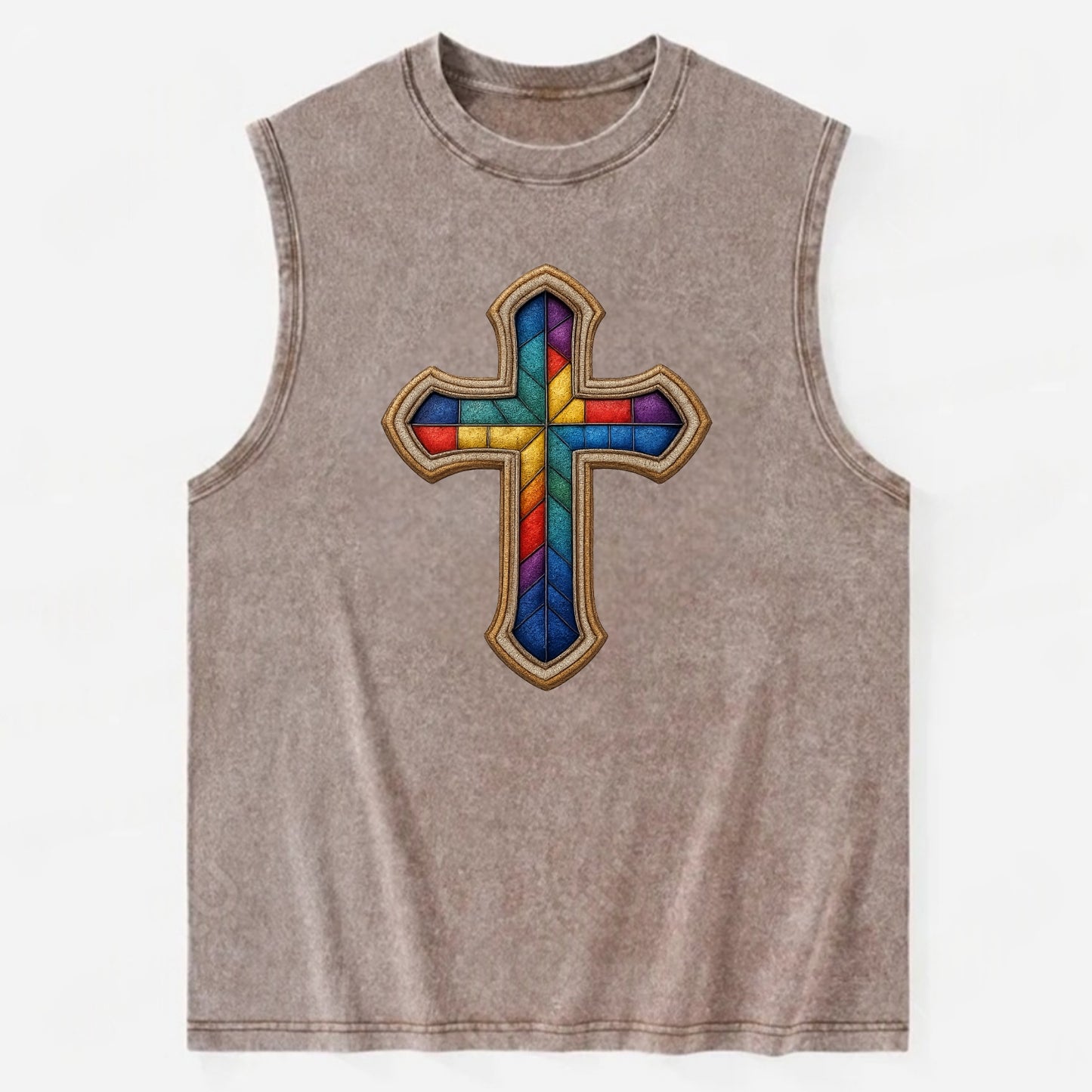 Stained Glass Cross  - Vintage Washed Tank - Brown
