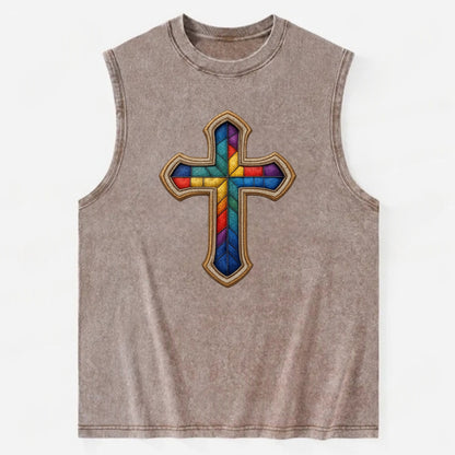 Stained Glass Cross  - Vintage Washed Tank - Brown