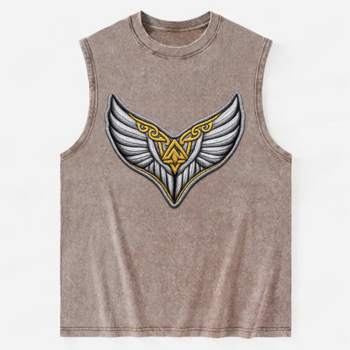 VALKYRIE WINGS - warrior maiden wings in silver and gold , Norse myth - Vintage Washed Tank - Brown