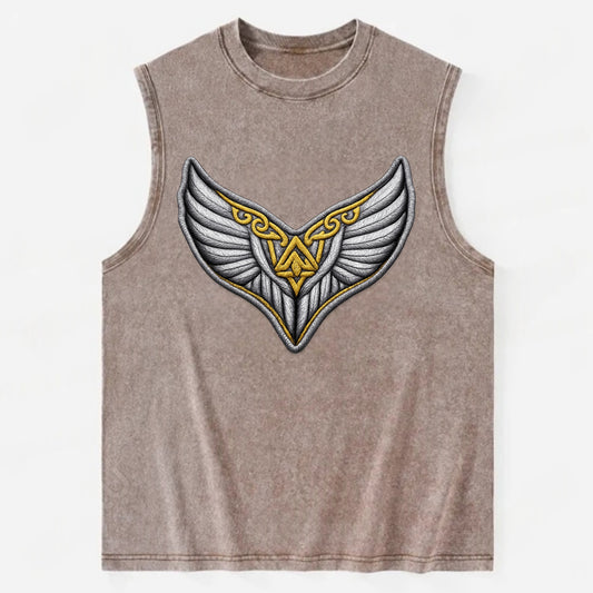 VALKYRIE WINGS - warrior maiden wings in silver and gold , Norse myth - Vintage Washed Tank - Brown