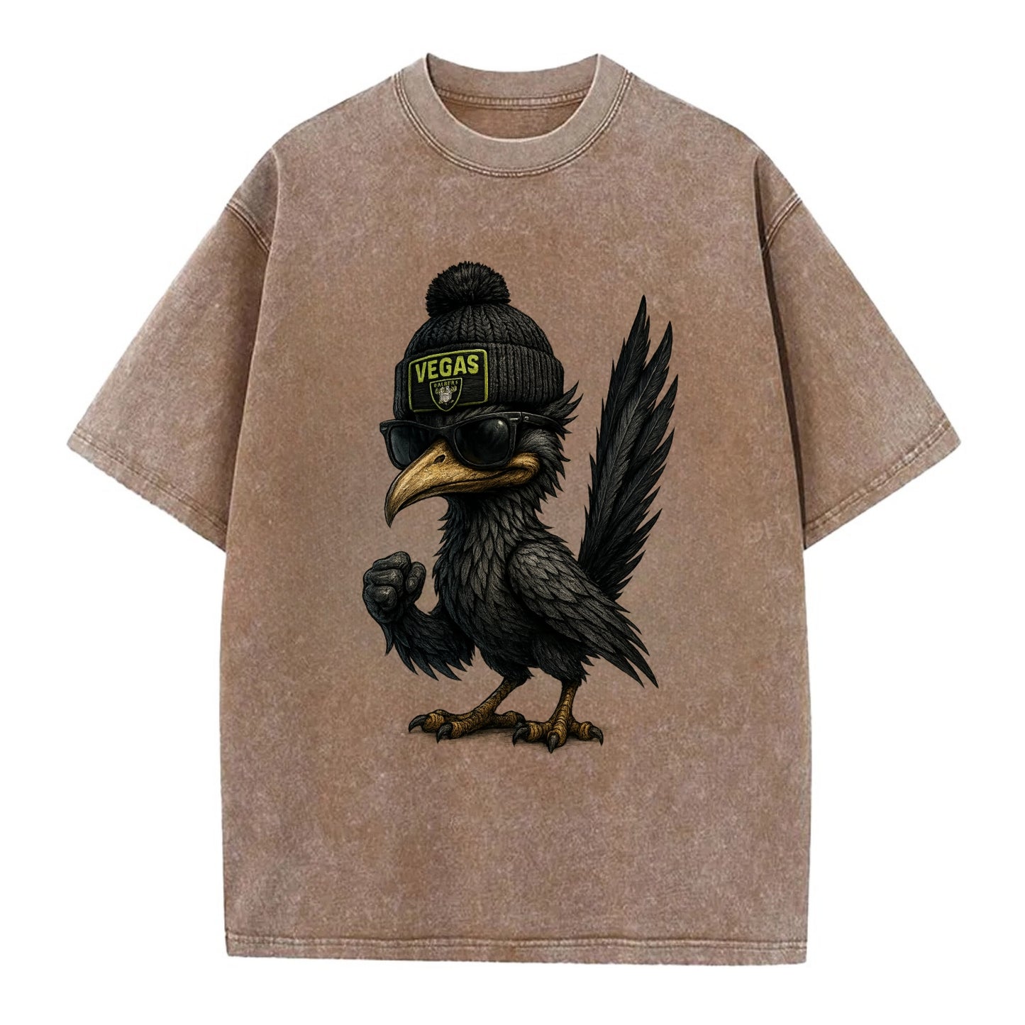 Vegas Roadrunner wearing Raiders beanie with neon patch and wayfarer sunglasses - Vintage T-shirt - Brown