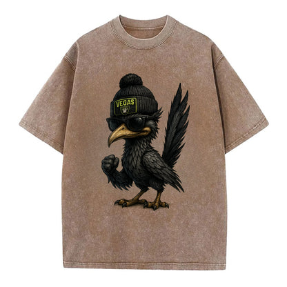 Vegas Roadrunner wearing Raiders beanie with neon patch and wayfarer sunglasses - Vintage T-shirt - Brown