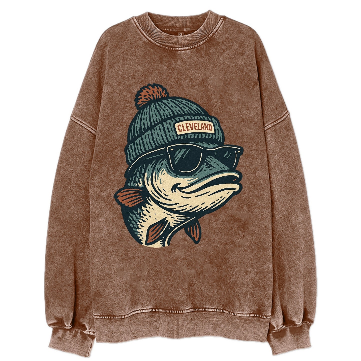 Cleveland Lake Erie Walleye wearing Cleveland beanie with pom pom and wayfarer - Vintage Sweatshirt - Brown