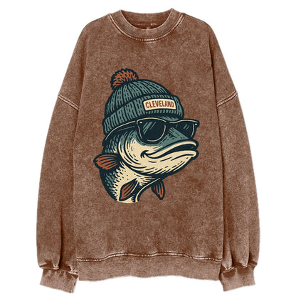 Cleveland Lake Erie Walleye wearing Cleveland beanie with pom pom and wayfarer - Vintage Sweatshirt - Brown