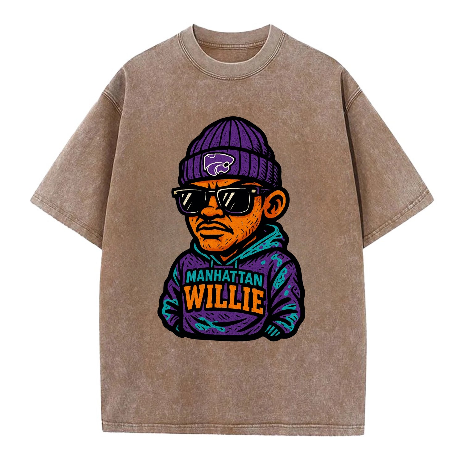 Manhattan Willie wearing Kansas State beanie with powercat patch - Vintage T-shirt - Brown