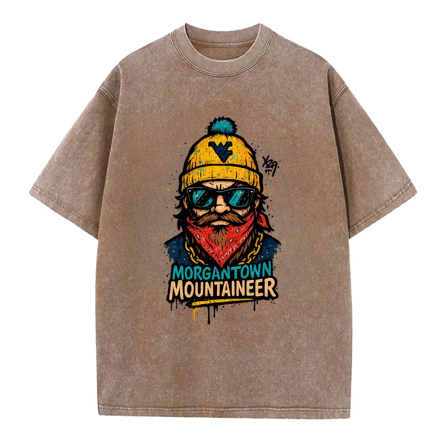 Morgantown Mountaineer wearing West Virginia beanie with WV patch - Vintage T-shirt - Brown