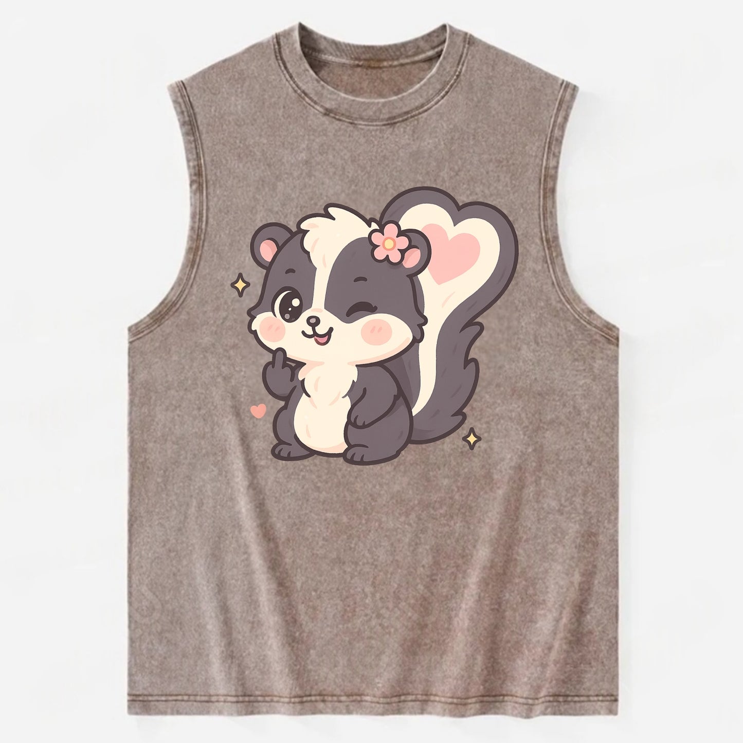 fluffy skunk with heart-shaped tail pattern, one paw up showing sass - Vintage Washed Tank - Brown