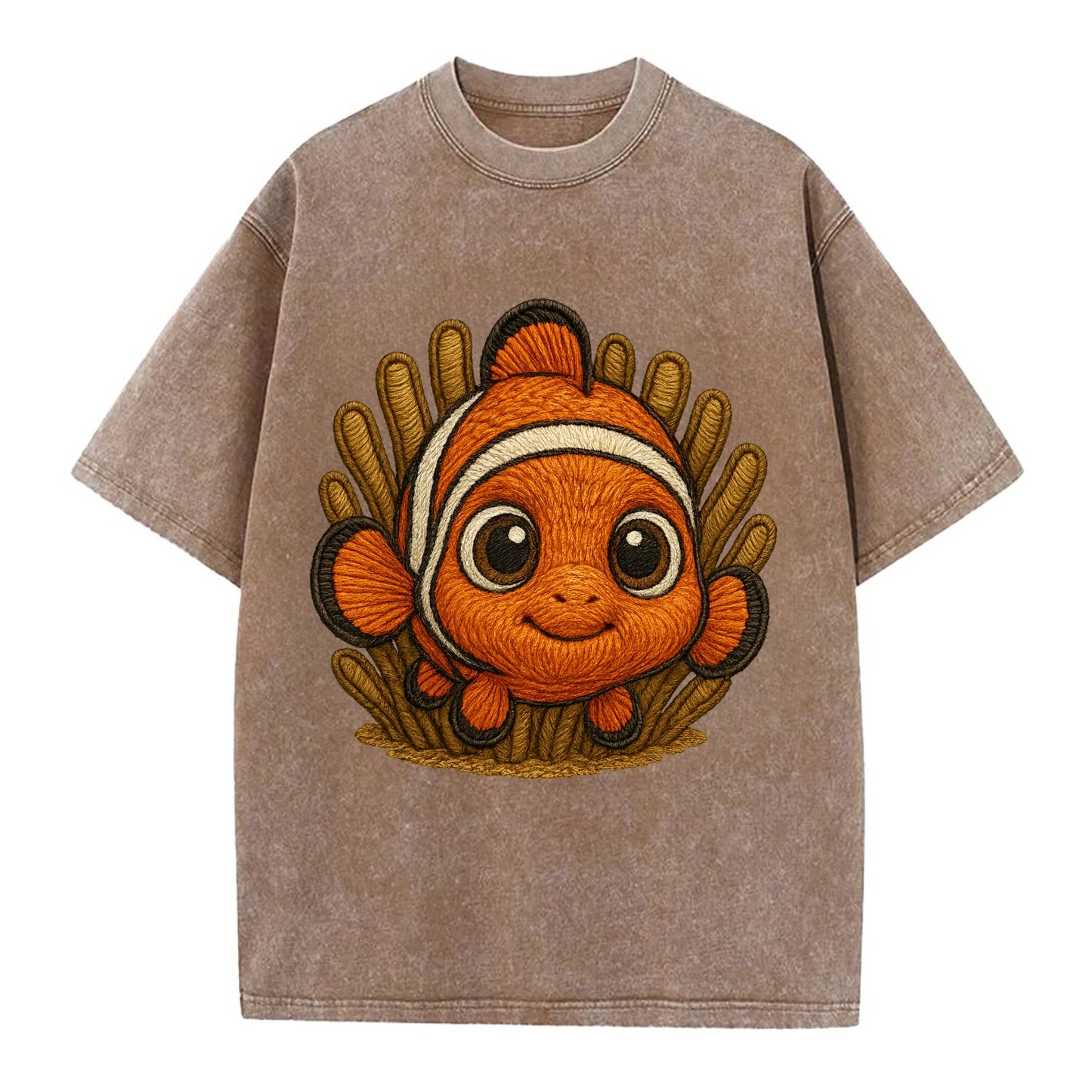Baby Clownfish - orange with white stripes, big round eyes, front-facing in - Vintage T-shirt - Brown