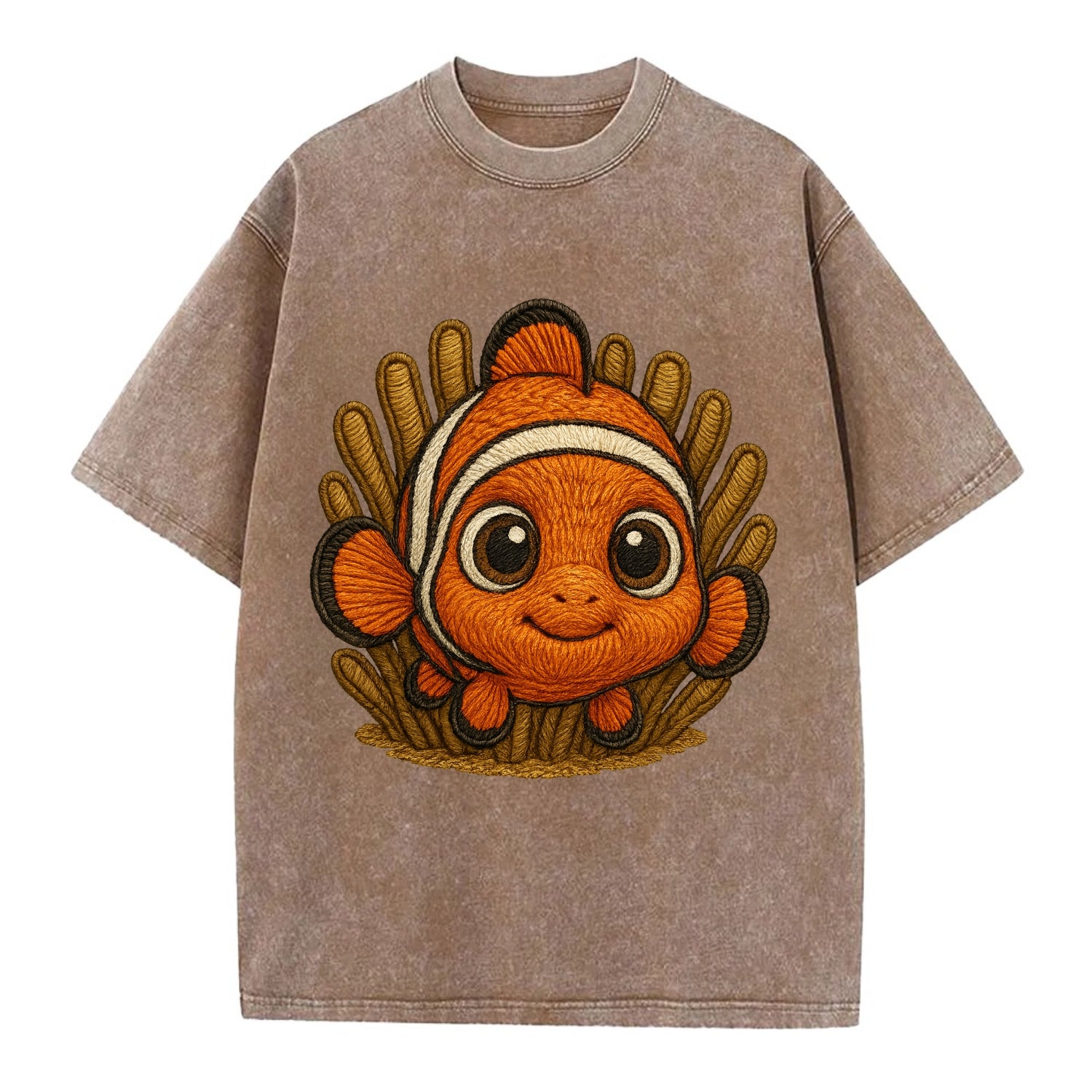 Baby Clownfish - orange with white stripes, big round eyes, front-facing in - Vintage T-shirt - Brown