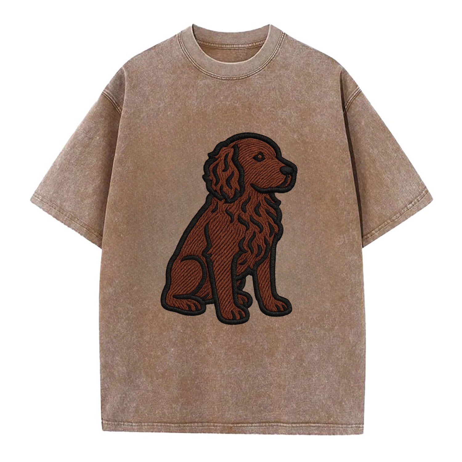 Boykin Spaniel - Rich chocolate brown wavy coat embroidered sitting pose - Vintage T-shirt - Brown