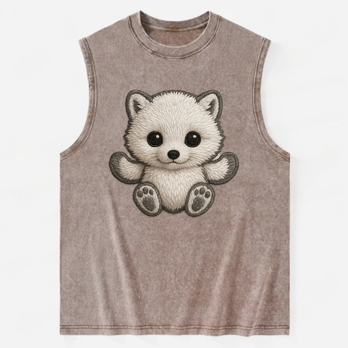 Baby Arctic Fox - white fluffy, tiny black nose, bright curious eyes, - Vintage Washed Tank - Brown