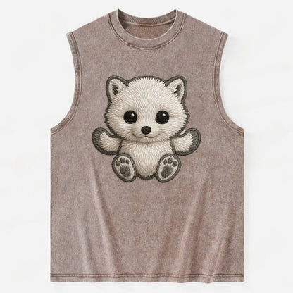 Baby Arctic Fox - white fluffy, tiny black nose, bright curious eyes, - Vintage Washed Tank - Brown