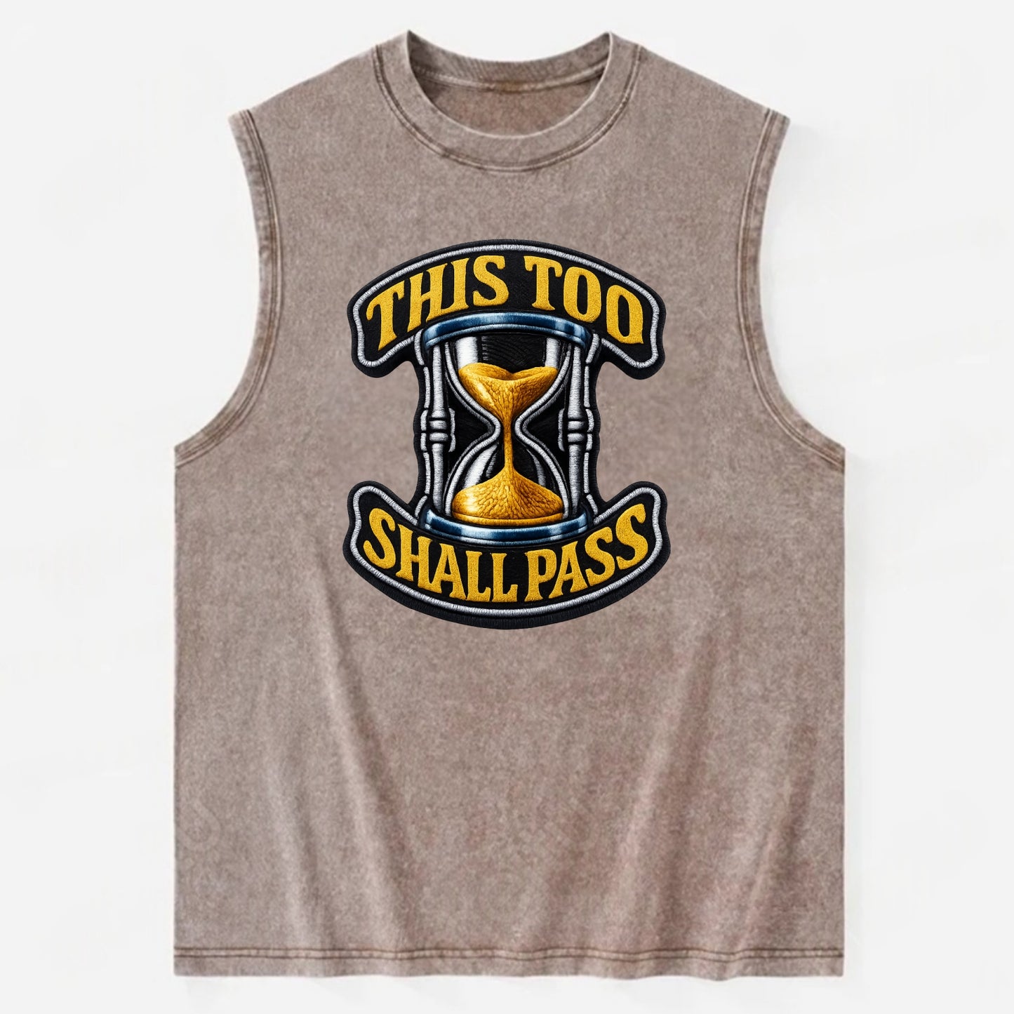 THIS TOO SHALL PASS - hourglass with text in gold , perspective - Vintage Washed Tank - Brown