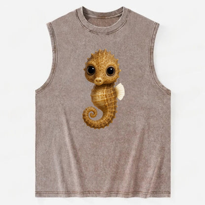 Baby Seahorse - curled tail, snout, large eyes, front-facing, delicate and - Vintage Washed Tank - Brown