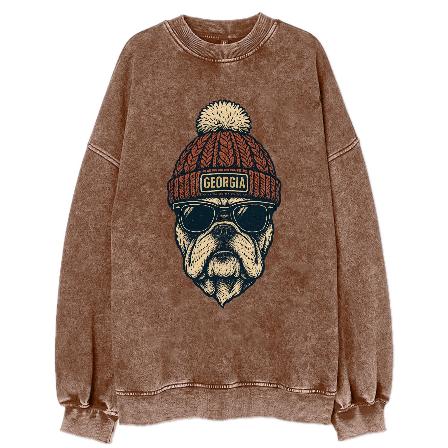 Athens Bulldog wearing Georgia beanie wi - Vintage Sweatshirt - Brown
