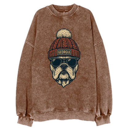 Athens Bulldog wearing Georgia beanie wi - Vintage Sweatshirt - Brown