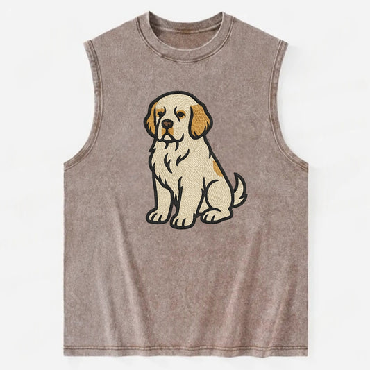Clumber Spaniel - White with lemon markings embroidered pose - Vintage Washed Tank - Brown