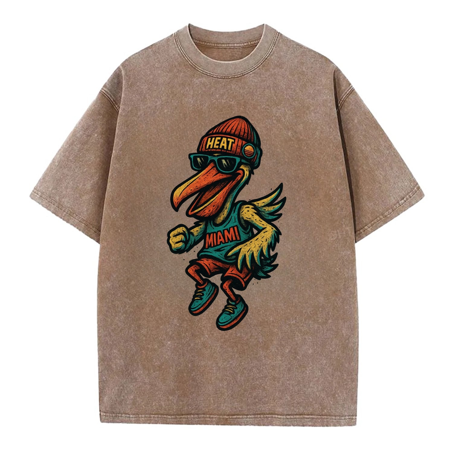 Miami Pelican wearing Heat beanie with sunset patch and wayfarer sunglasses - Vintage T-shirt - Brown