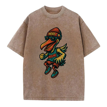 Miami Pelican wearing Heat beanie with sunset patch and wayfarer sunglasses - Vintage T-shirt - Brown