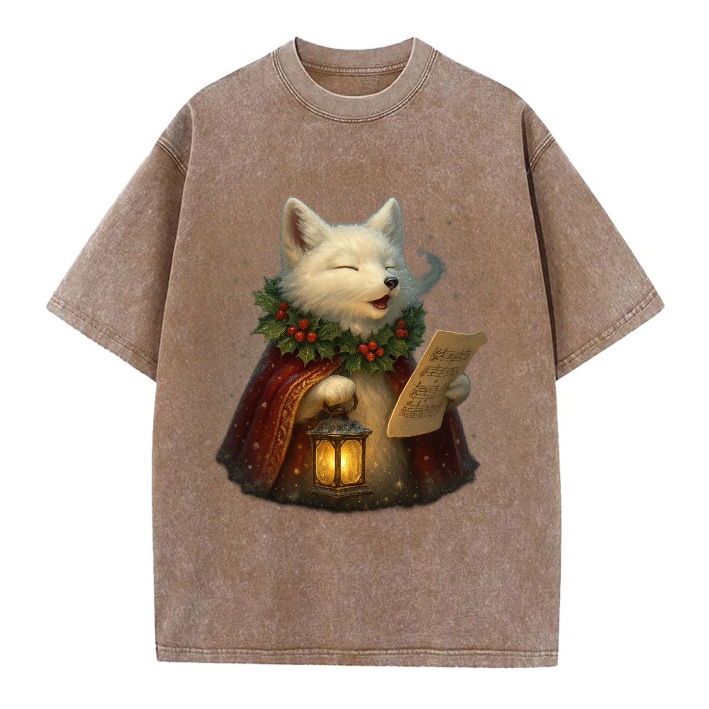 Snowbound Arctic Fox Caroler  - Vintage T-shirt - Brown