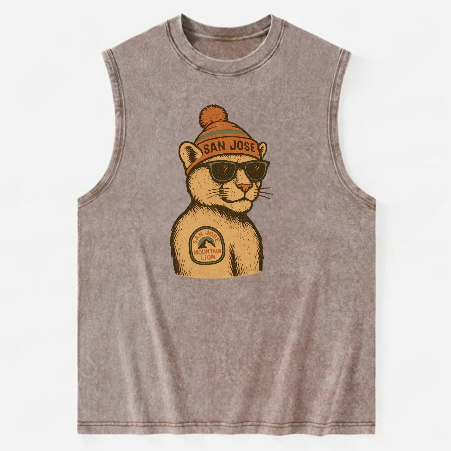 San Jose Mountain Lion wearing San Jose beanie with pom pom and wayfarer - Vintage Washed Tank - Brown