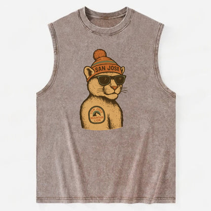 San Jose Mountain Lion wearing San Jose beanie with pom pom and wayfarer - Vintage Washed Tank - Brown