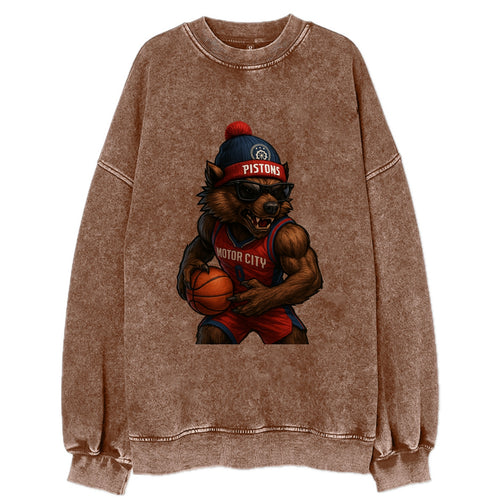 Motor City Wolverine wearing Pistons beanie with gear patch and wayfarer - Vintage Sweatshirt