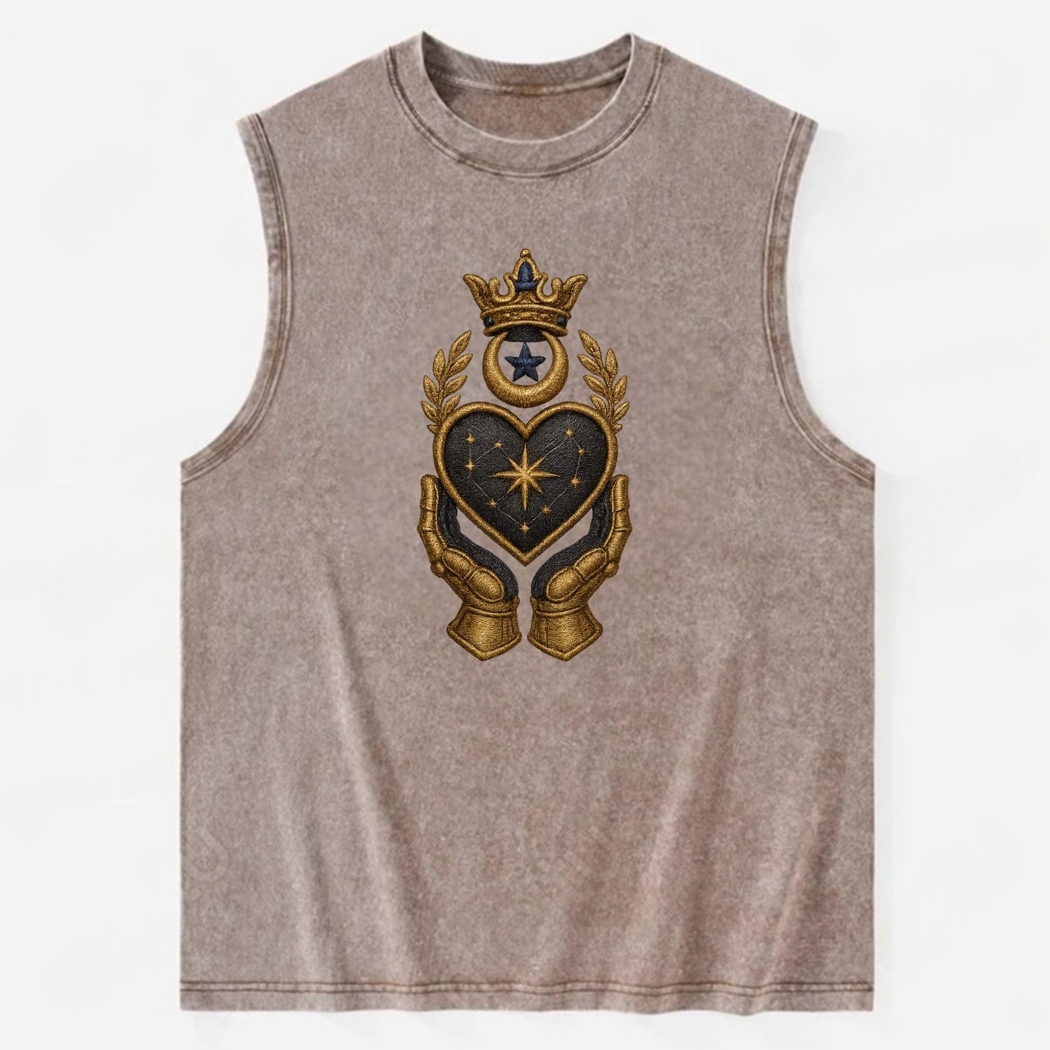 Crowned heart with Art Deco sunburst crown and geometric filigree hands - Vintage Washed Tank - Brown