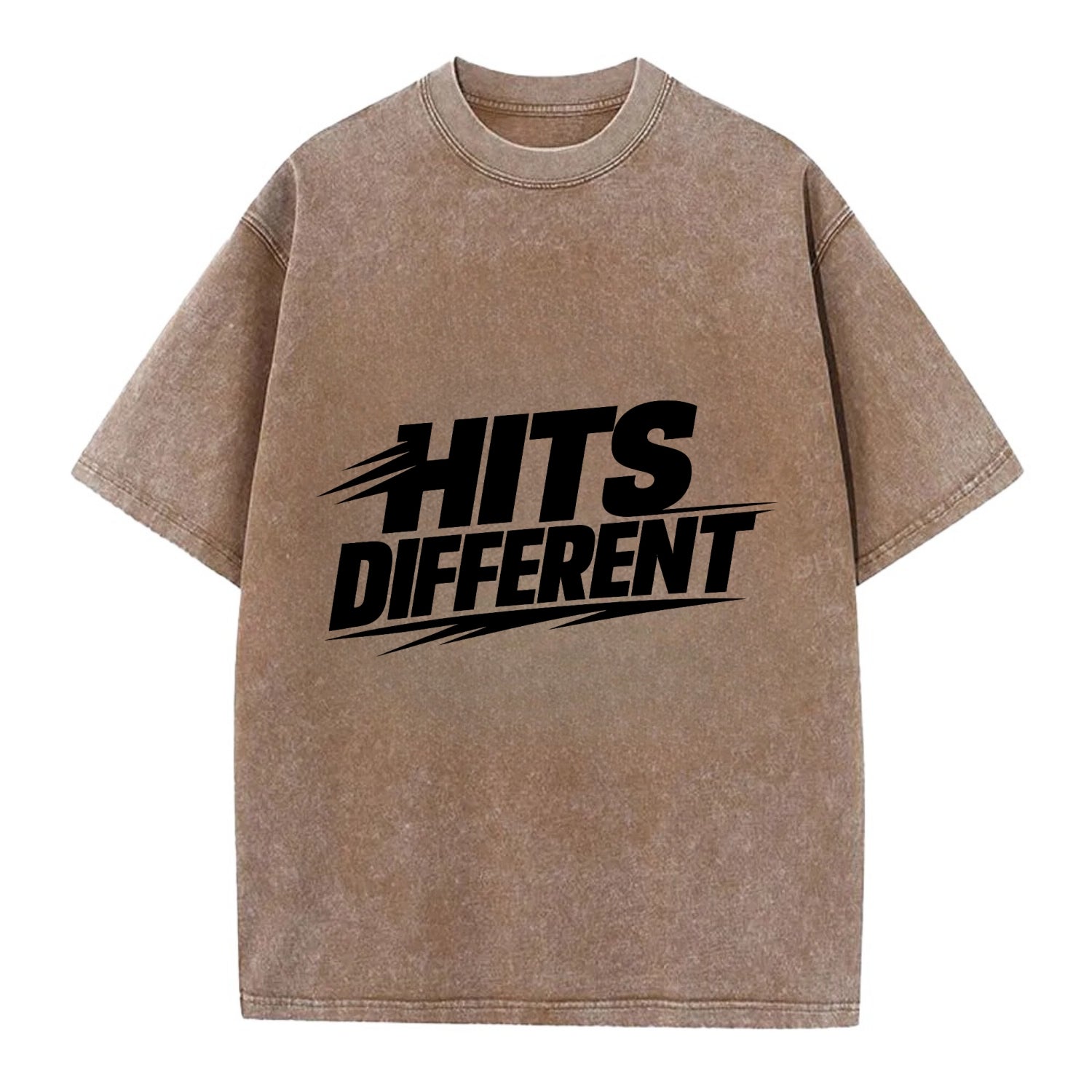 Bold typography design - "HITS DIFFERENT" - uniquely special, stands out - Vintage T-shirt - Brown