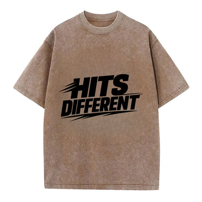 Bold typography design - "HITS DIFFERENT" - uniquely special, stands out - Vintage T-shirt - Brown