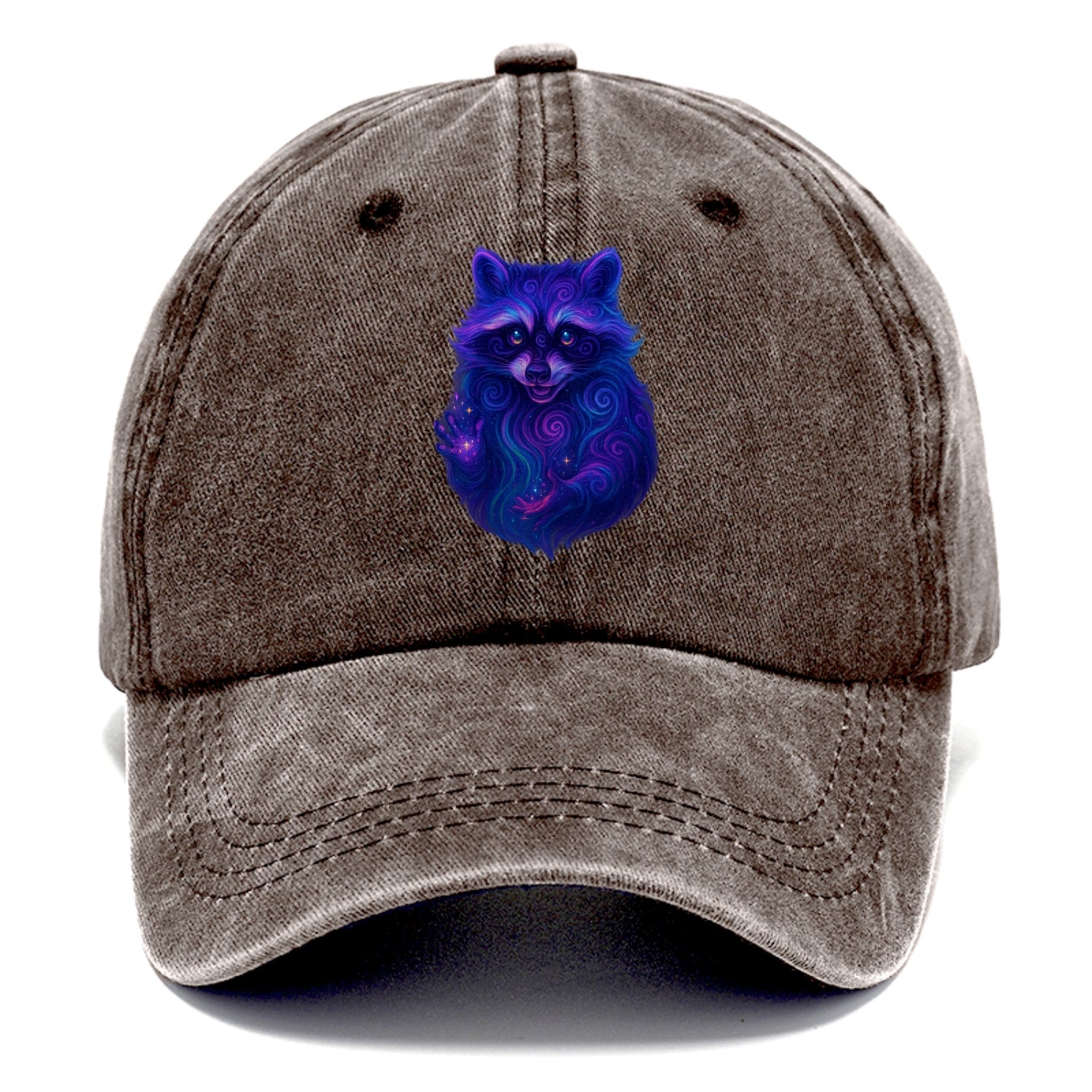 Playful raccoon with mask swirling in hypnotic patterns, neon purple and green fur - Classic Cap - Brown